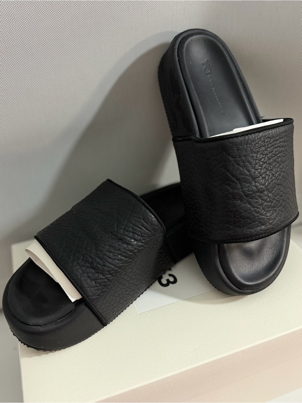 Y-3 Black Leather Platform Slide Sandals